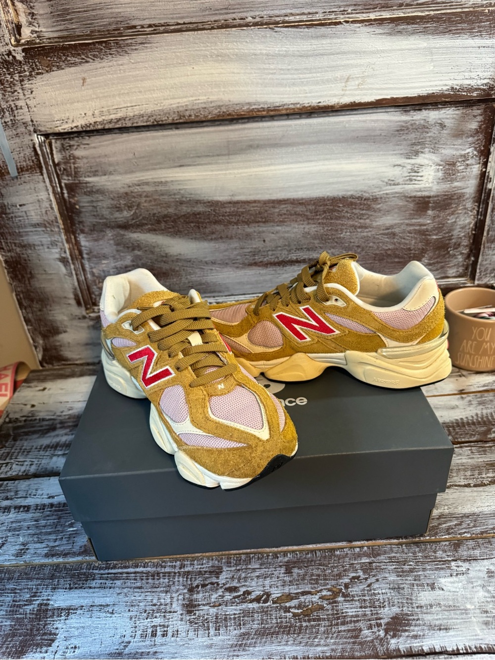 New Balance Tan and Pink Sneakers with Red N Accent